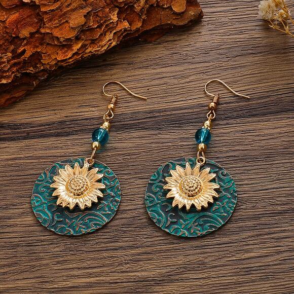🎀Bohemian Sunflower Vintage Design Drop Earrings Jewelry Gifts | Turquoise/Gold - Picture 1 of 9